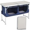 Outdoor Folding Table with Faux White MDF Top Aluminum Frame Rectangular Design Blue Fabric Storage Cabinet Adjustable to 3 Heights Portable Camping T