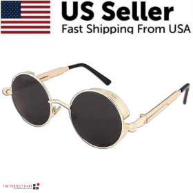 Retro Round Polarized Sunglasses Men Women Vintage Gothic Steampunk Glasses (Color: Gold/Black Polarized)